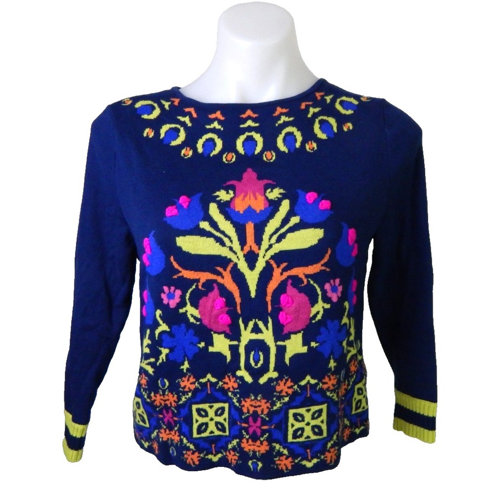 Anthropologie HWR Monogram Sweater Floral Intarsia 3/4 Slv Colorful Scandi